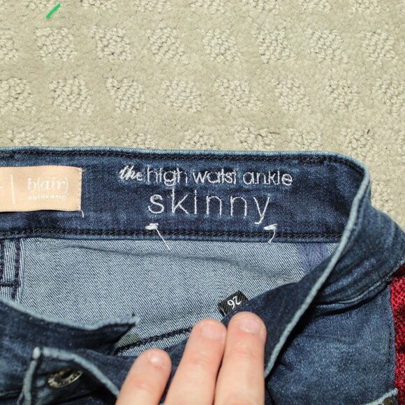 7 For All Mankind Size 26 High Waist Ankle Skinny Blue Jeans Red Black Stripe - Picture 6 of 8